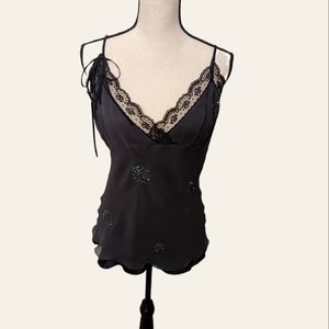 Hale Bob Women's Gray Silk Camisole with Black Lace and Beaded Accents Size (M)
